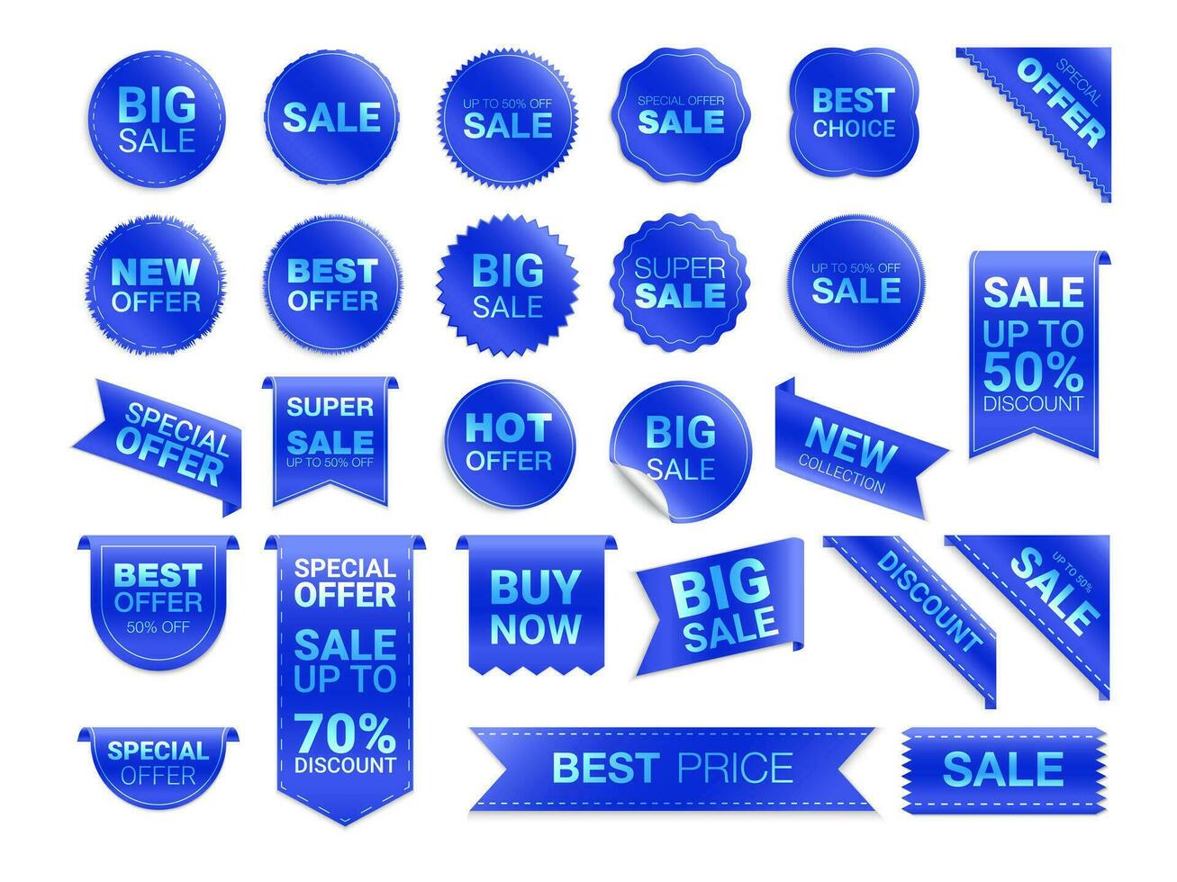 vector blauw etiketten geïsoleerd Aan wit achtergrond. uitverkoop Promotie, website stickers, nieuw aanbod insigne verzameling. vlak badges korting en labels. het beste keuze labels. vector illustratie