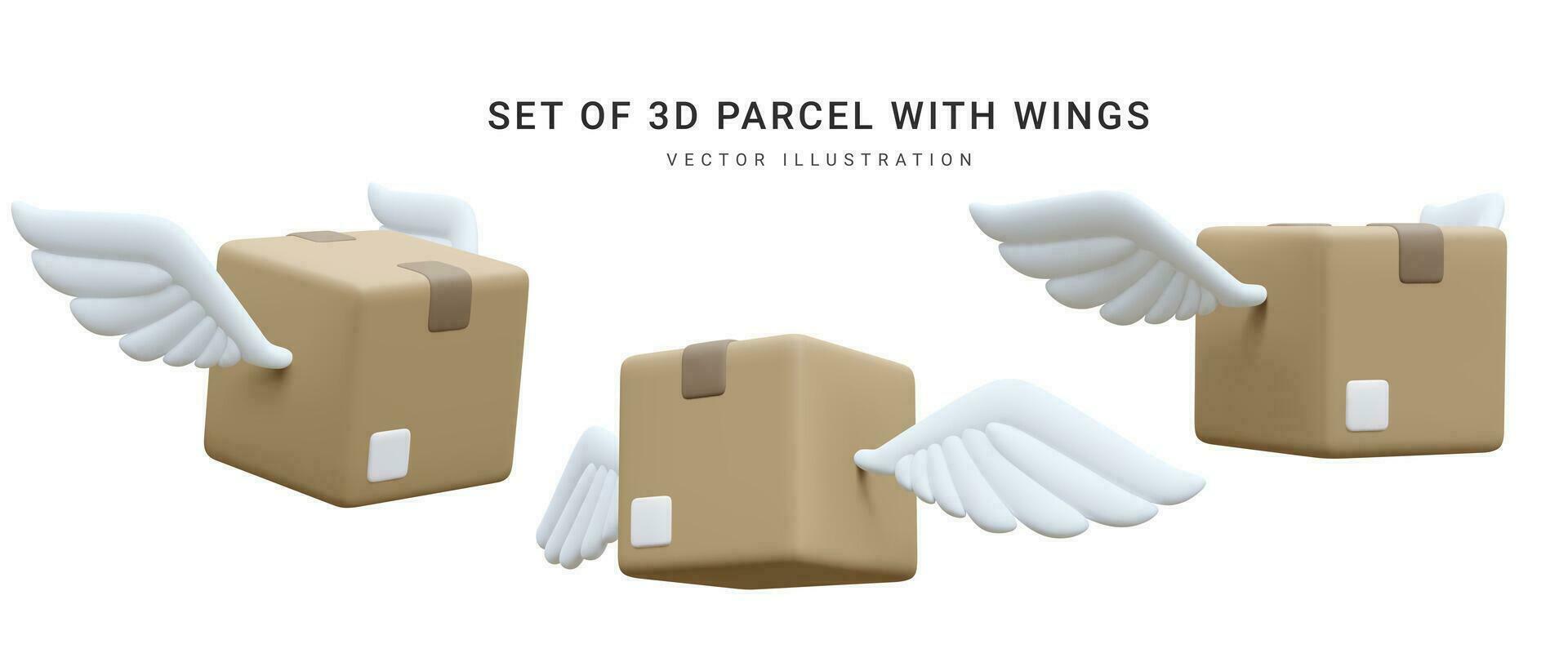 reeks van 3d realistisch pakket met Vleugels geïsoleerd Aan wit achtergrond. karton dozen voor levering onderhoud concept in tekenfilm stijl. vector illustratie