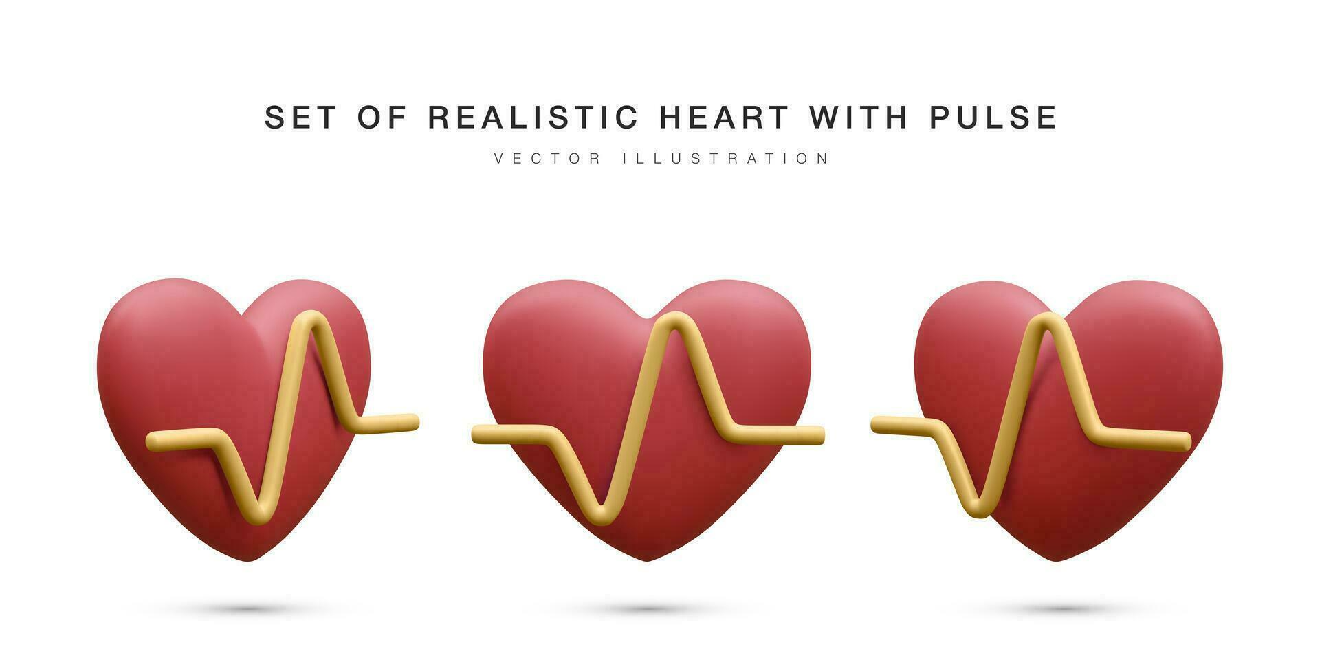 reeks van 3d realistisch rood hart met geel pulse voor medisch apps en websites. medisch gezondheidszorg concept. hart pols, hartslag lijn, cardiogram. vector illustratie