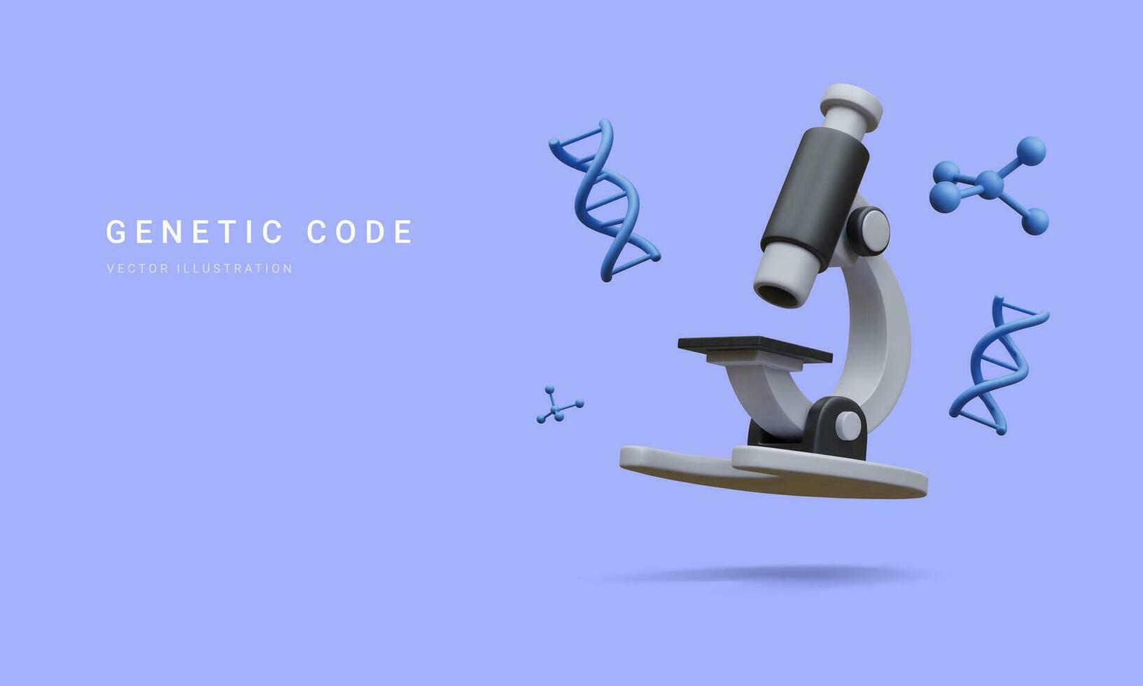 3d realistisch banier met microscoop, moleculen en dna geïsoleerd Aan blauw achtergrond. geneesmiddel, biologie, chemie en wetenschap concept in tekenfilm stijl. vector illustratie