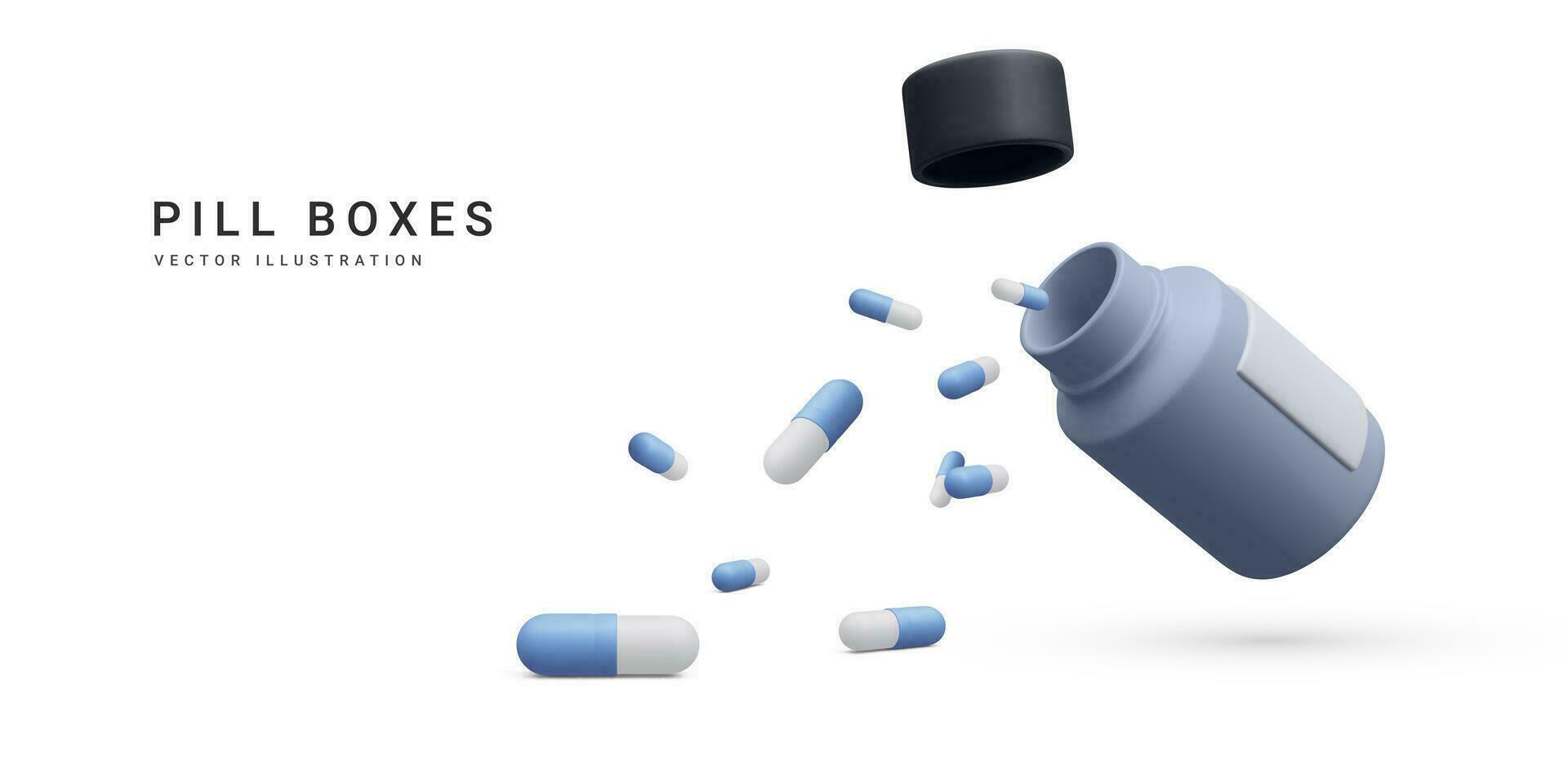 3d realistisch pil fles met vliegend behandeling geneesmiddel capsule pillen geïsoleerd Aan wit achtergrond. Gezondheid zorg concept banier voor apotheek. vector illustratie