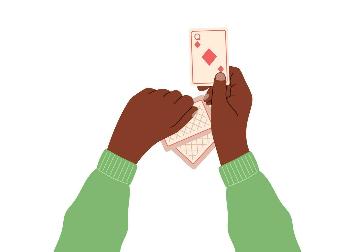 vector geïsoleerd mannetje handen Holding spelen kaarten, de concept van de bord logica spel poker, vlak stijl.