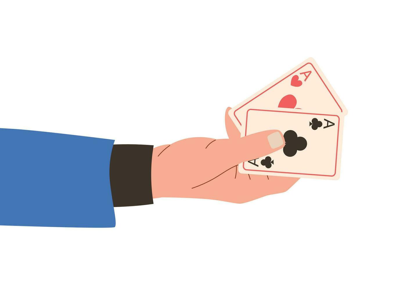 vector geïsoleerd mannetje hand- in een pak Holding twee spelen kaarten, de concept van de bord logica spel poker, vlak stijl.