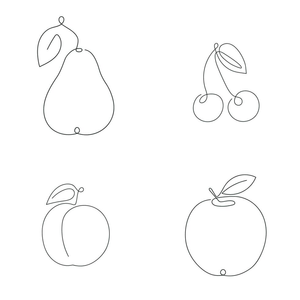 fruit reeks pruim, kers, appel, Peer getrokken in een doorlopend lijn. een lijn tekening, minimalisme. vector illustratie.