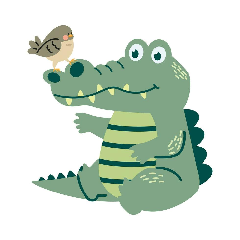 schattig krokodil of alligator en vogelstand vector