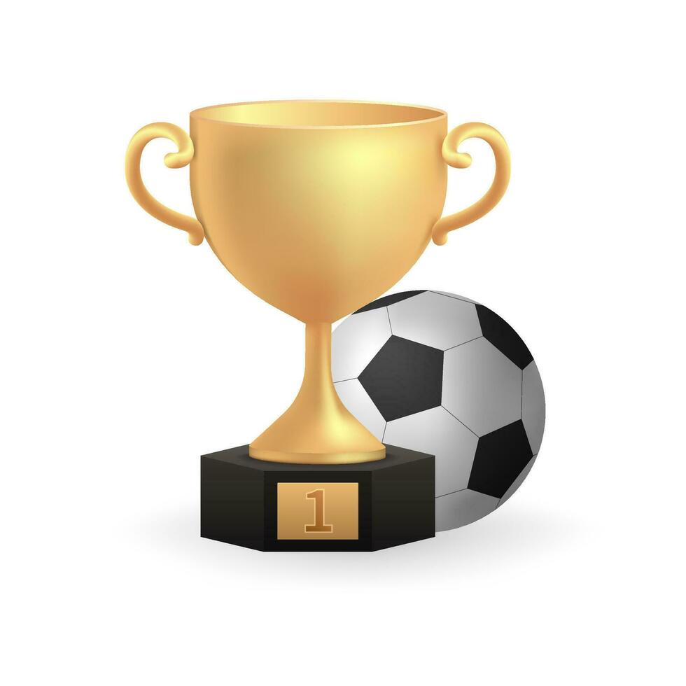 realistisch 3d vector beeld van een goud trofee beker Aan een voetstuk met een voetbal bal in de achtergrond. perfect voor sport, wedstrijd, en prestatie projecten. omvat concepten van zege