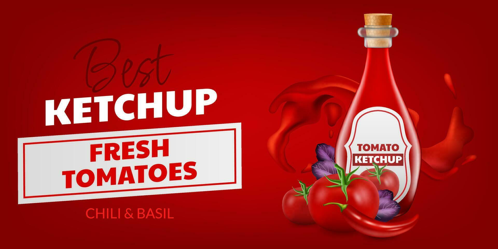 3d vector illustratie met een realistisch fles van smaakvol tomaat ketchup met basilicum, vers tomaat. de beeld is perfect voor spandoeken, achtergronden, etiketten verwant naar voedsel en Chili pittig smaak