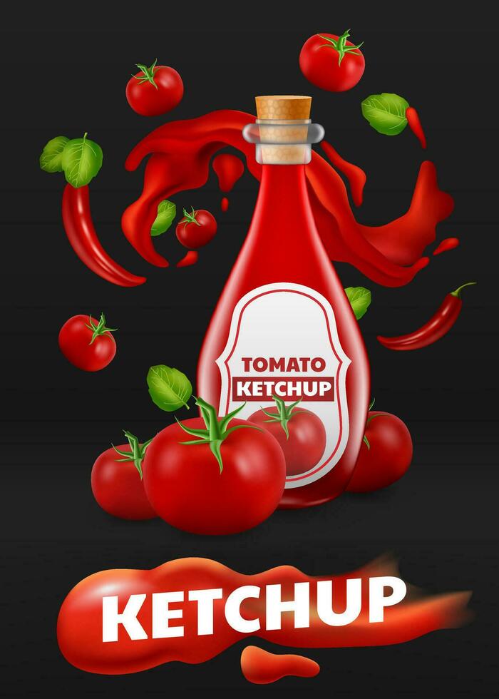 realistisch 3d vector illustratie met een fles van smaakvol tomaat ketchup tegen een zwart achtergrond. levendig rood kleur van de saus, geaccentueerd door basilicum bladeren en Chili paprika's