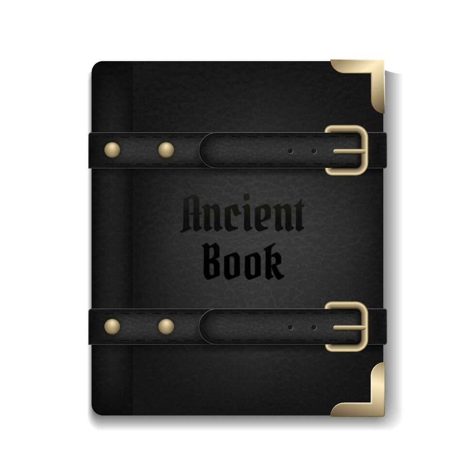 wijnoogst vector beeld van een antiek hardcover boek met een zwart leer Hoes en overladen goud ontwerp. geïsoleerd Aan wit achtergrond, perfect voor plakboek, onderwijs of geschiedenis projecten