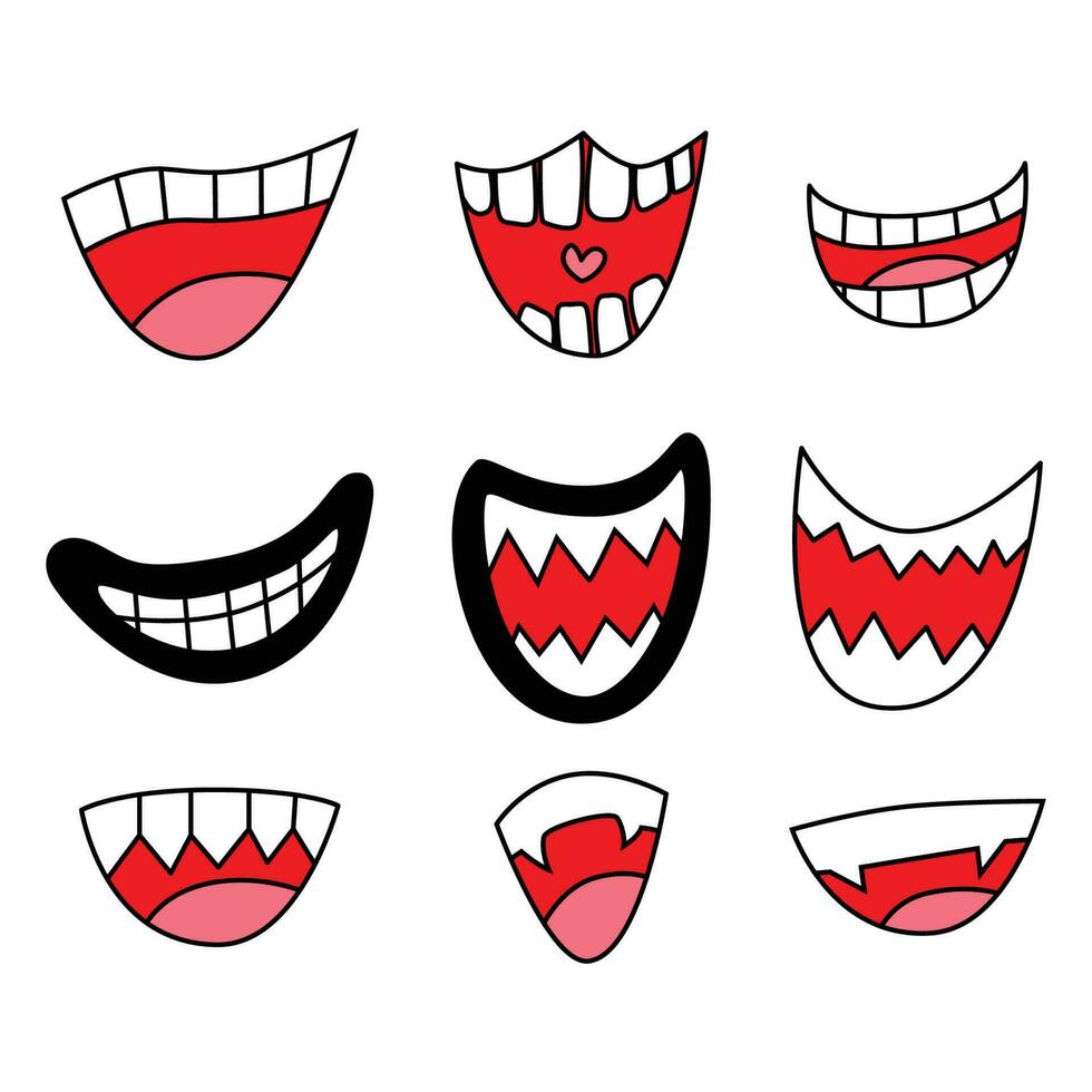 tekenfilm mond glimlachen grappig gelukkig vector ontwerp. tanden emoji icoon emotie pret gelukkig.