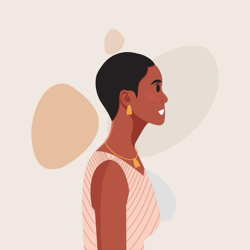 jong mooi Afrikaanse Amerikaans vrouw profiel portret. vrouw persoon met bruin huid en gekruld haar. vector illustratie