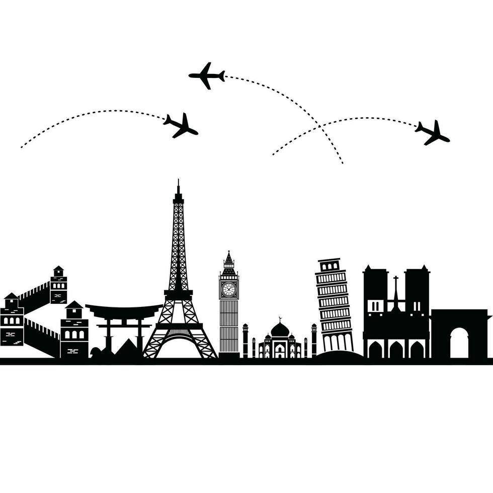 papier besnoeiing oriëntatiepunten. reizen de wereld achtergrond, horizon reclame kaart, Parijs Londen Rome gebouwen silhouetten. stadsgezicht illustratie vector