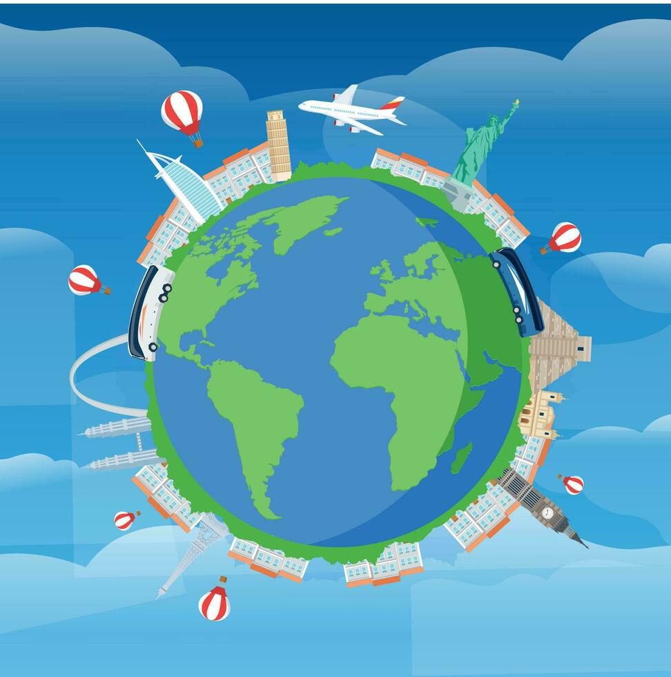 reizen de wereld. monument concept. oriëntatiepunten Aan de wereldbol. toerisme en vakantie thema. op reis raster illustratie. modern vlak ontwerp. beroemd wereld oriëntatiepunten pictogrammen. reis in de omgeving van de wereld. vector