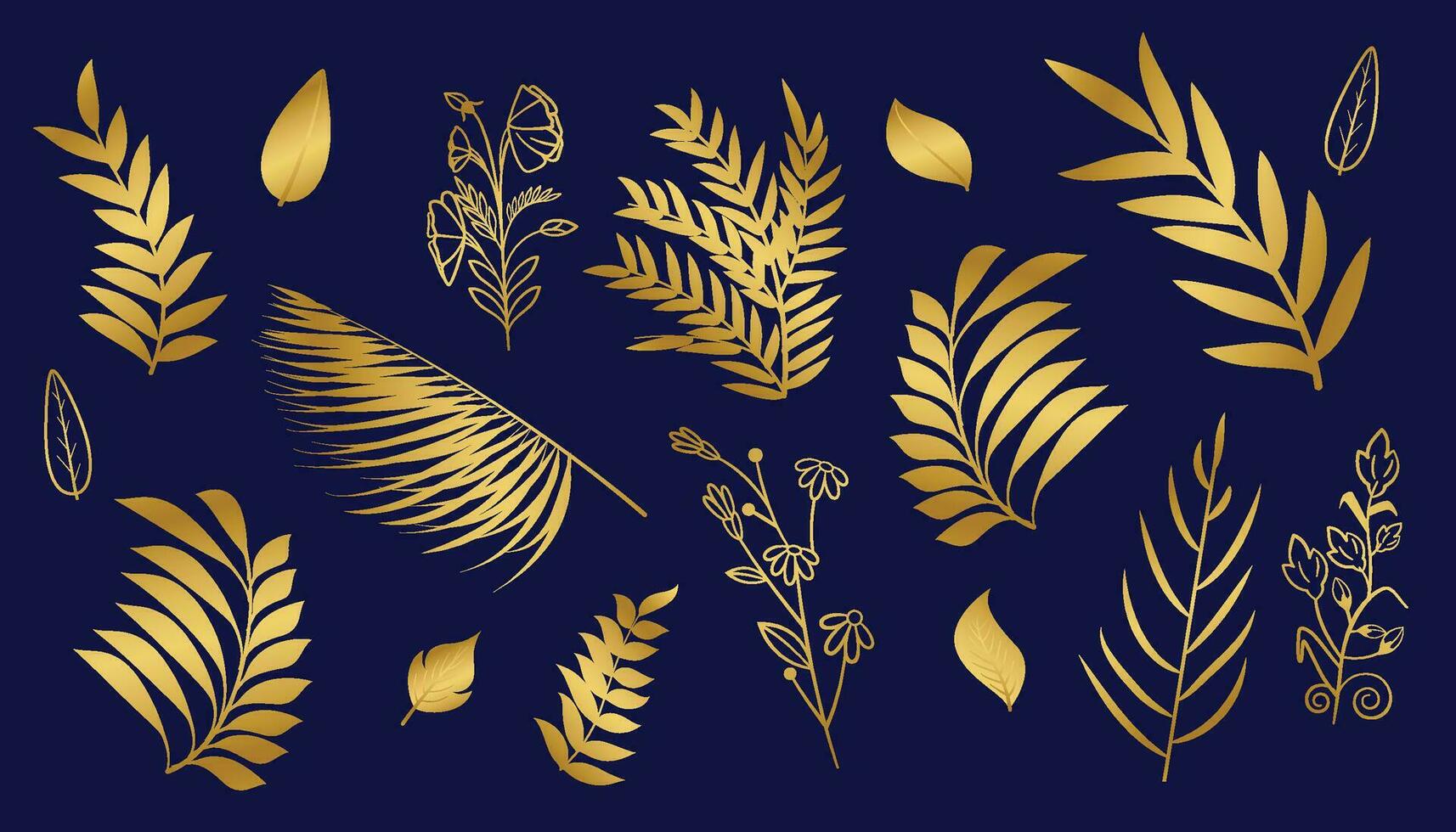 goud Afdeling blad element set. hand- getrokken schetsen tekening gouden bladeren bloemen element voor bruiloft achtergrond, elegant ontwerp. vector illustratie.