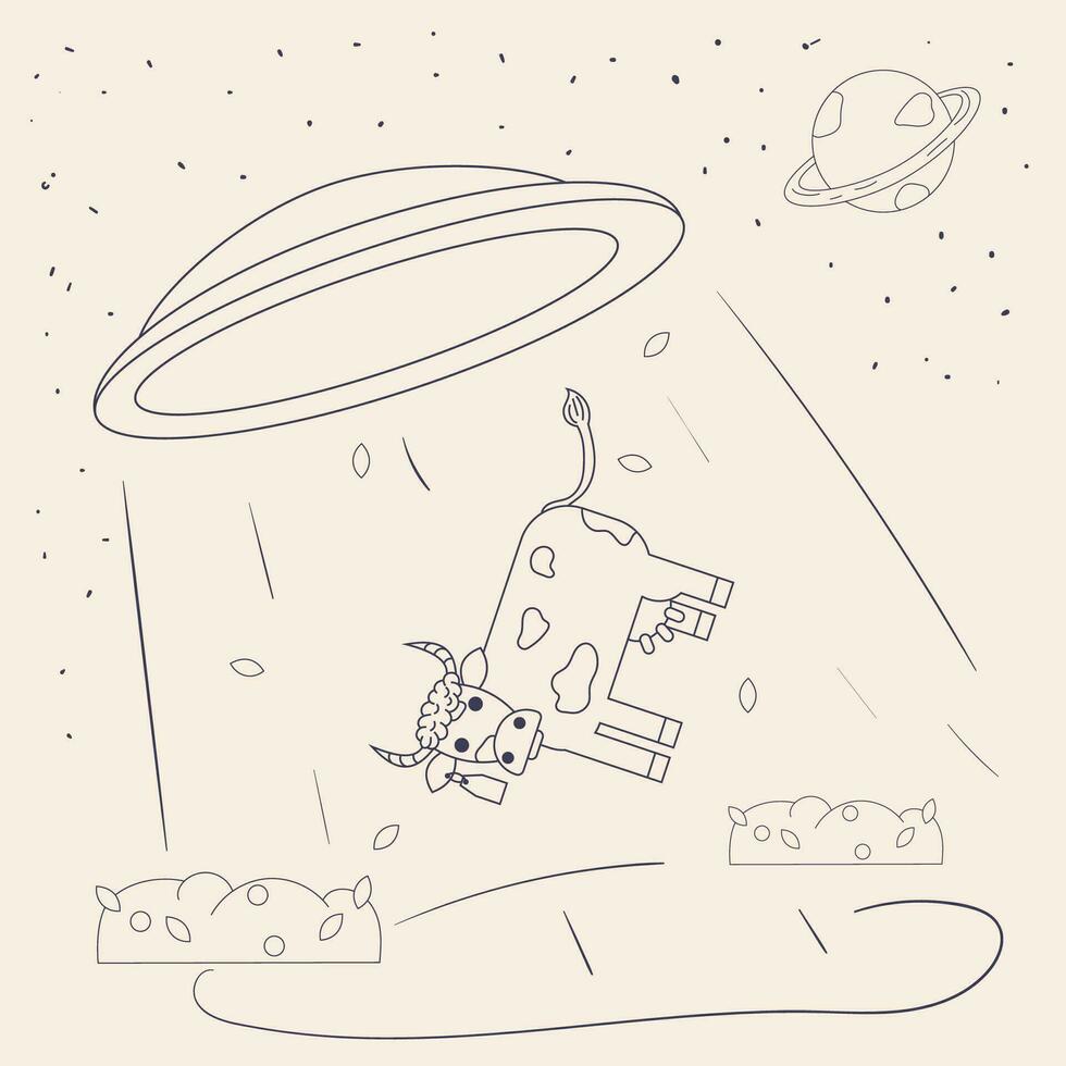 ufo ontvoeringen een dier koe voor experimenten en studie contour vlak tekening in zakelijke Memphis stijl vector