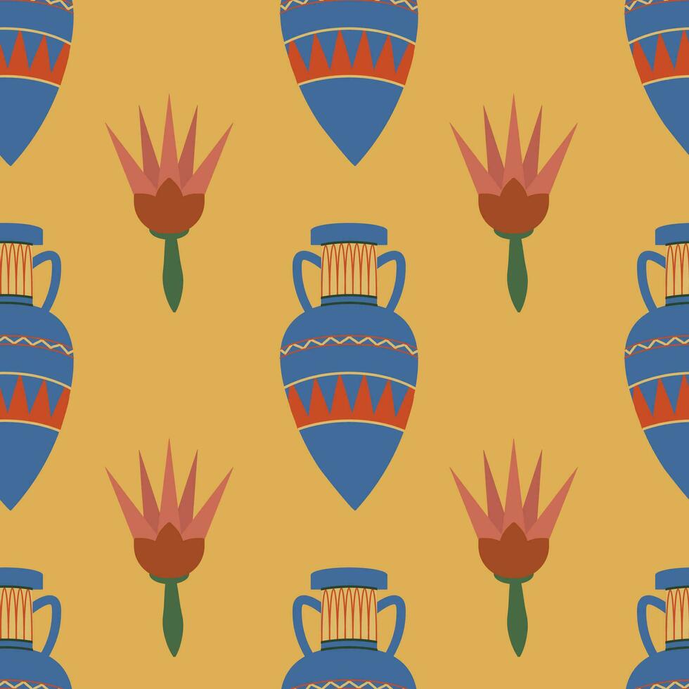 oude Egyptische themed vector naadloos patroon met vazen en lotus bloemen Aan geel