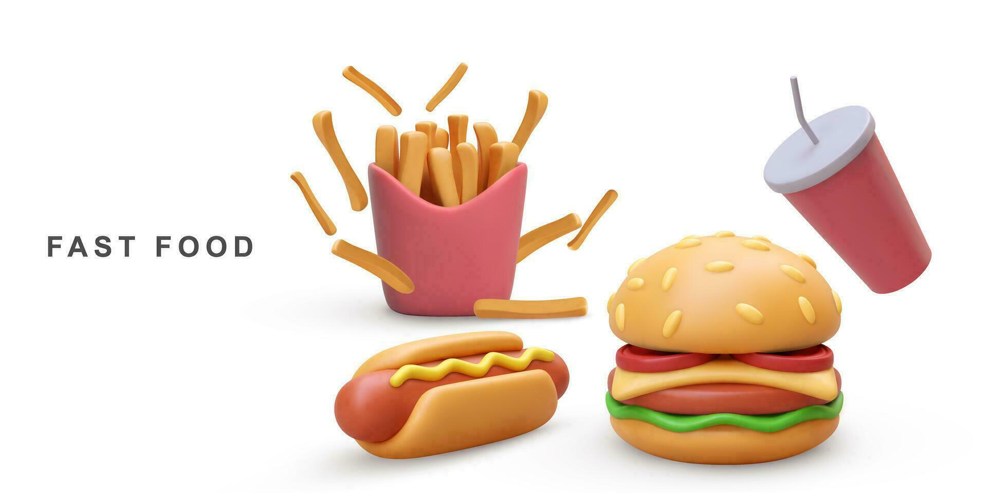 3d realistisch Hamburger, heet hond, Frisdrank en Patat aardappelen Aan wit achtergrond. vector illustratie.