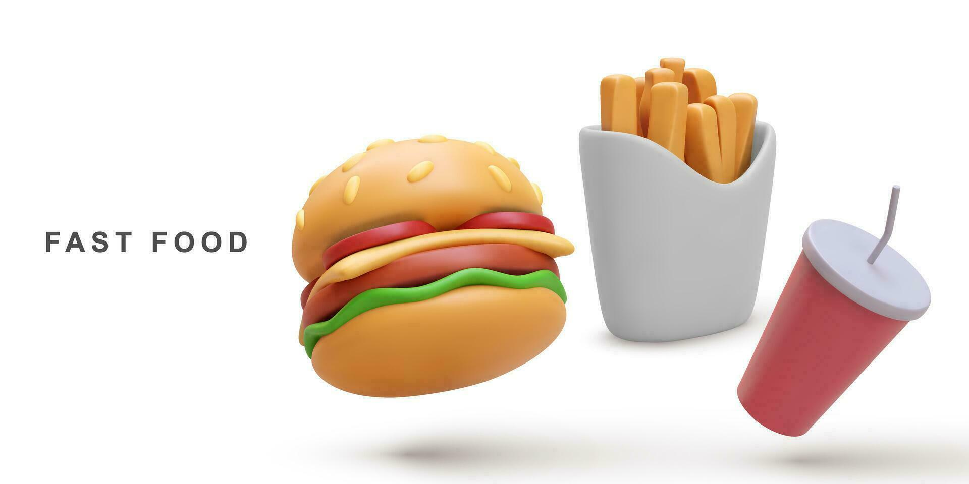 3d realistisch Hamburger en Frisdrank, Patat aardappelen Aan wit achtergrond. vector illustratie.