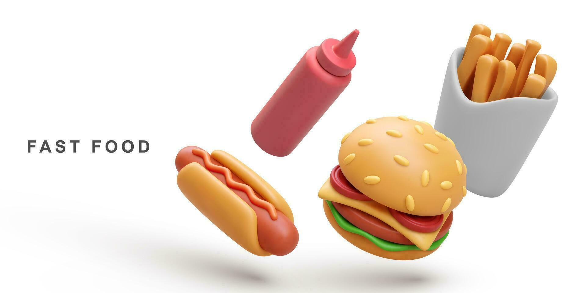 3d realistisch Hamburger, heet hond, ketchup en Patat aardappelen Aan wit achtergrond. vector illustratie.