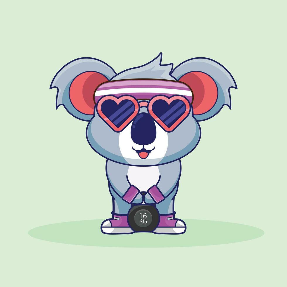 schattig mascotte koala hijs- kettlebell vector ontwerp. Sportschool training icoon, schattig sticker, tekenfilm stijl