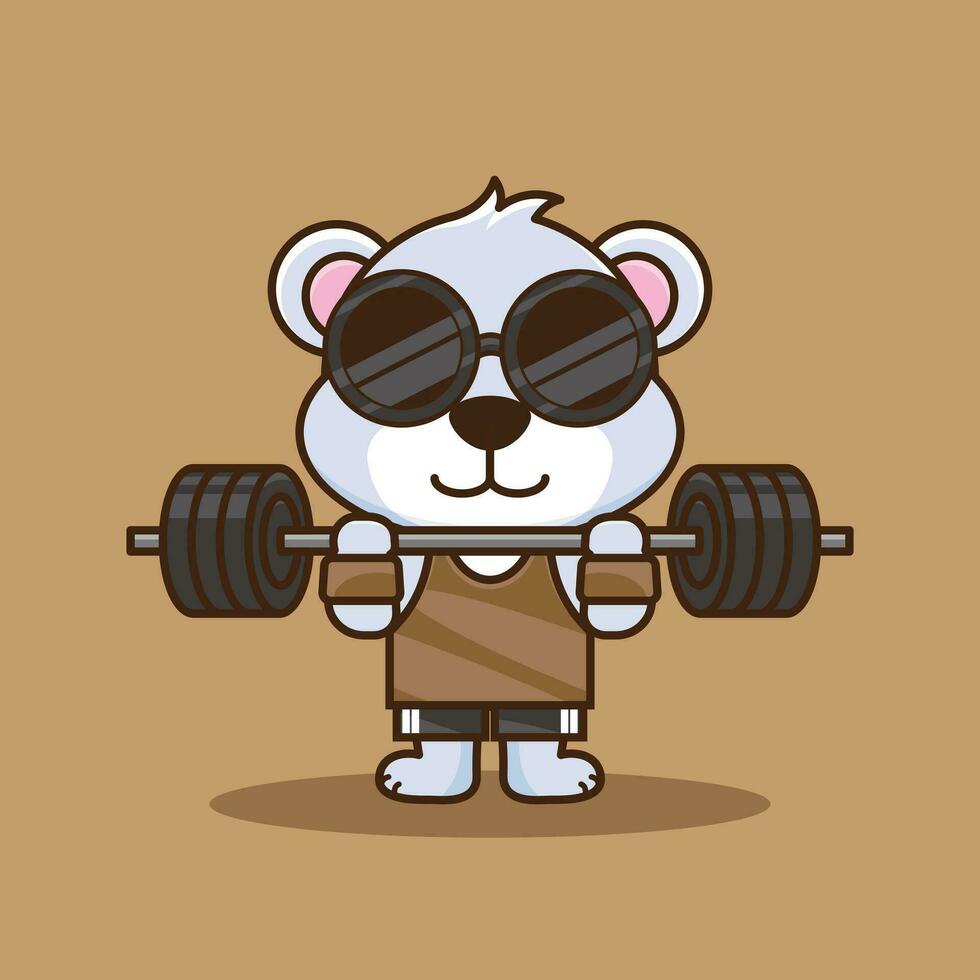 fysiek oefening, beer dier hijs- halter. schattig sticker, Sportschool training icoon, tekenfilm stijl vector