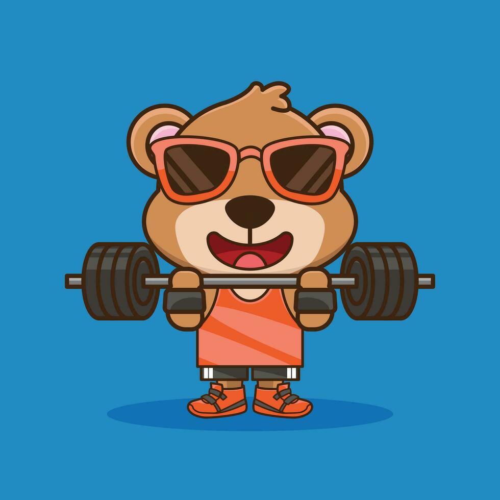 fysiek oefening, schattig tekenfilm beer hijs- halter. tekenfilm vector Sportschool training icoon illustratie
