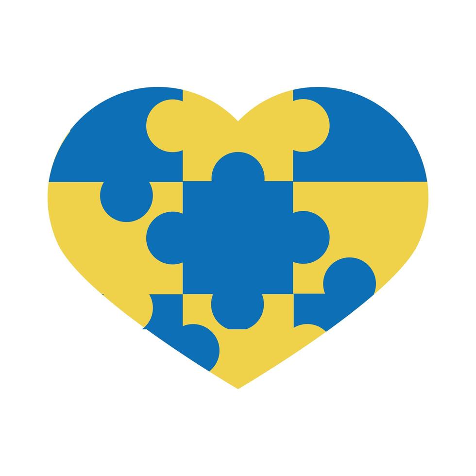wereld down syndroom dag puzzels gevormd hart geel en blauw kleurbewustzijn vlakke stijl vector