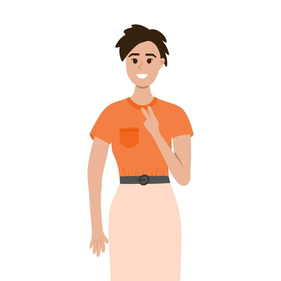 jong dame in t-shirt en klassiek rok. lachend, tonen symbool vrede met haar hand. concept van gelukkig vrouw wie poseren voor de foto. vrouw karakter tonen positief gebaar. geluk emoties. vector