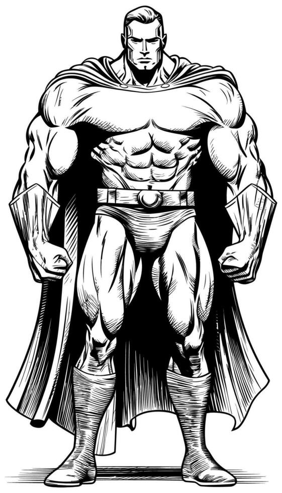 superheld staand hoog zwart en wit schetsen vector