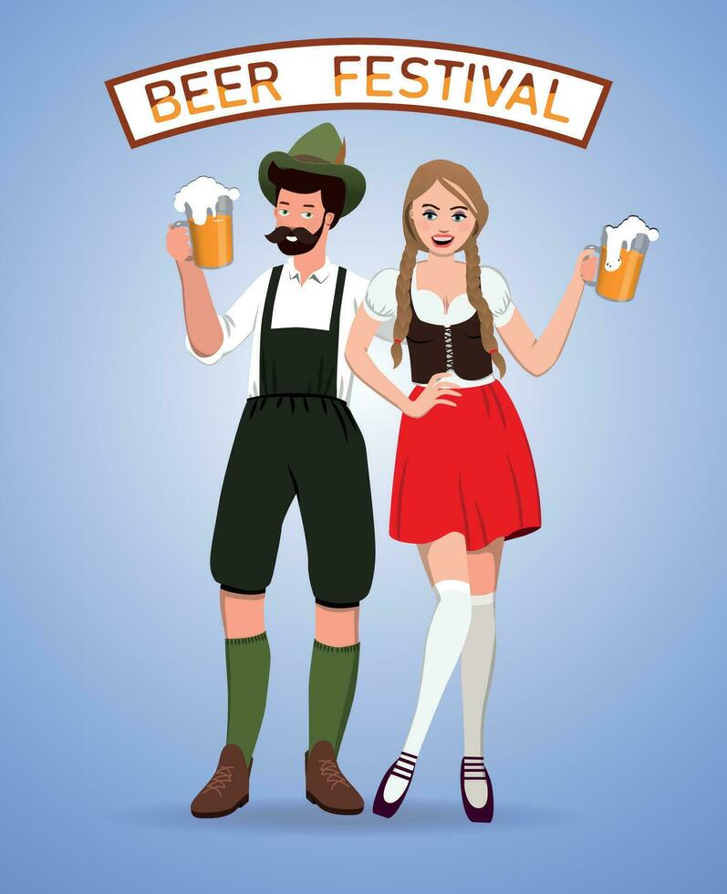 een meisje en een vent in nationaal kostuums Bij de bier festival. vector. vector