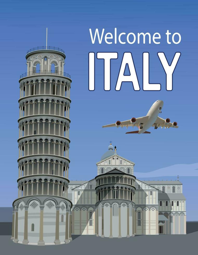 leunend toren van Pisa en een vliegend vliegtuig. vector. vector