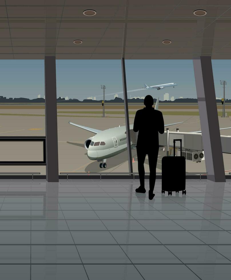de passagier Bij de luchthaven in de buurt de venster looks Bij de vliegtuigen. vector. vector