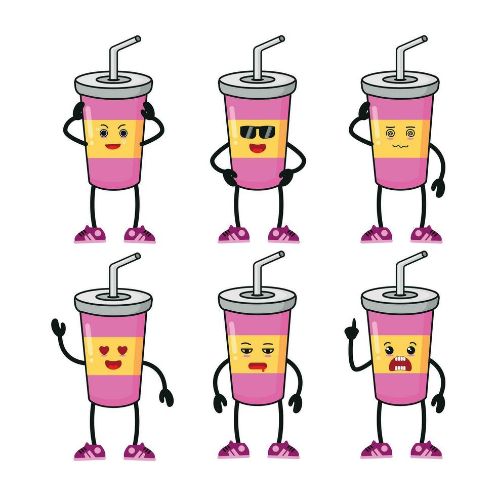 schattig aardbei milkshake verschillend houding werkzaamheid. grappig zacht drinken verschillend gezicht uitdrukking vector illustratie set.