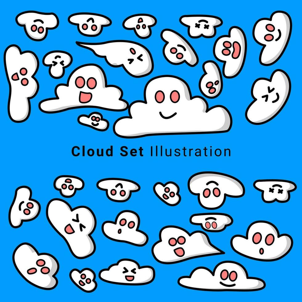 clunds reeks illustratie. wolken reeks geïsoleerd Aan een blauw achtergrond. gemakkelijk schattig tekenfilm ontwerp. icoon of logo verzameling. vector
