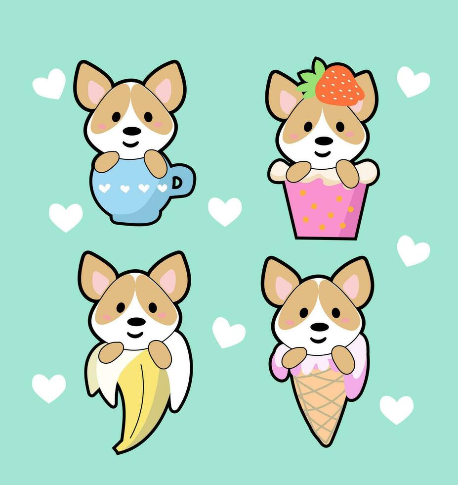 schattig kawaii hand- getrokken gezicht corgy hond in anime stijl in een kop van tee, babana, een Softijs, een aardbei cocktail vector