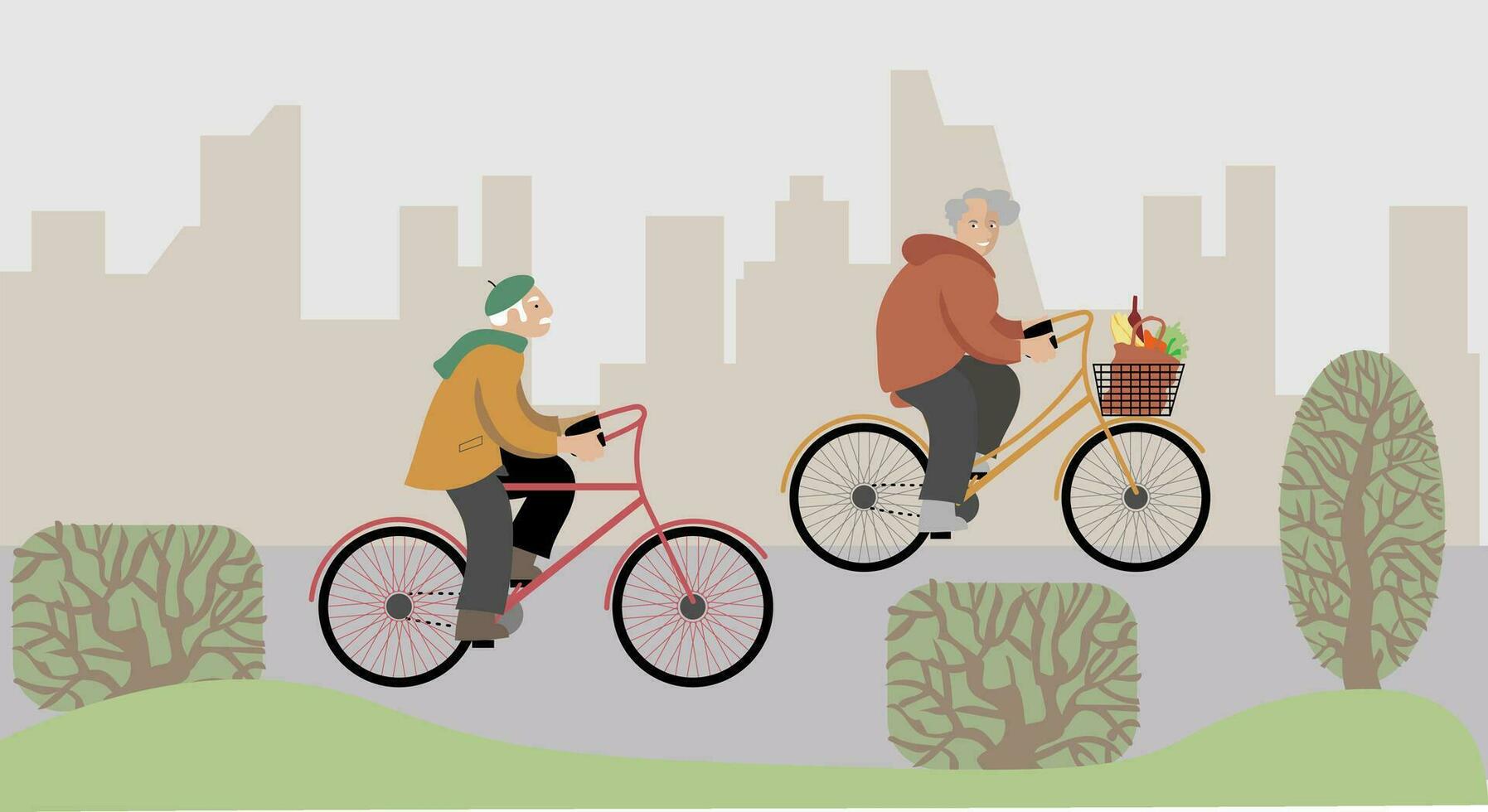 senioren paar rijden hun fiets. actief buitenshuis leven stijl voor ouderen mensen. opa en grootmoeder rijden een fiets. zomer werkzaamheid. vector illustratie in tekenfilm stijl