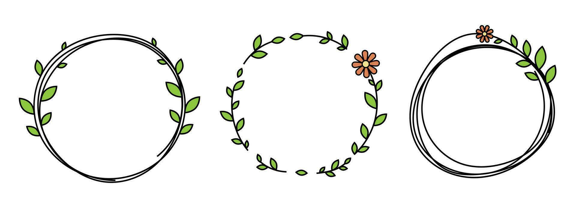 hand- getrokken cirkel kader decoratie element met bladeren en bloemen klem kunst vector