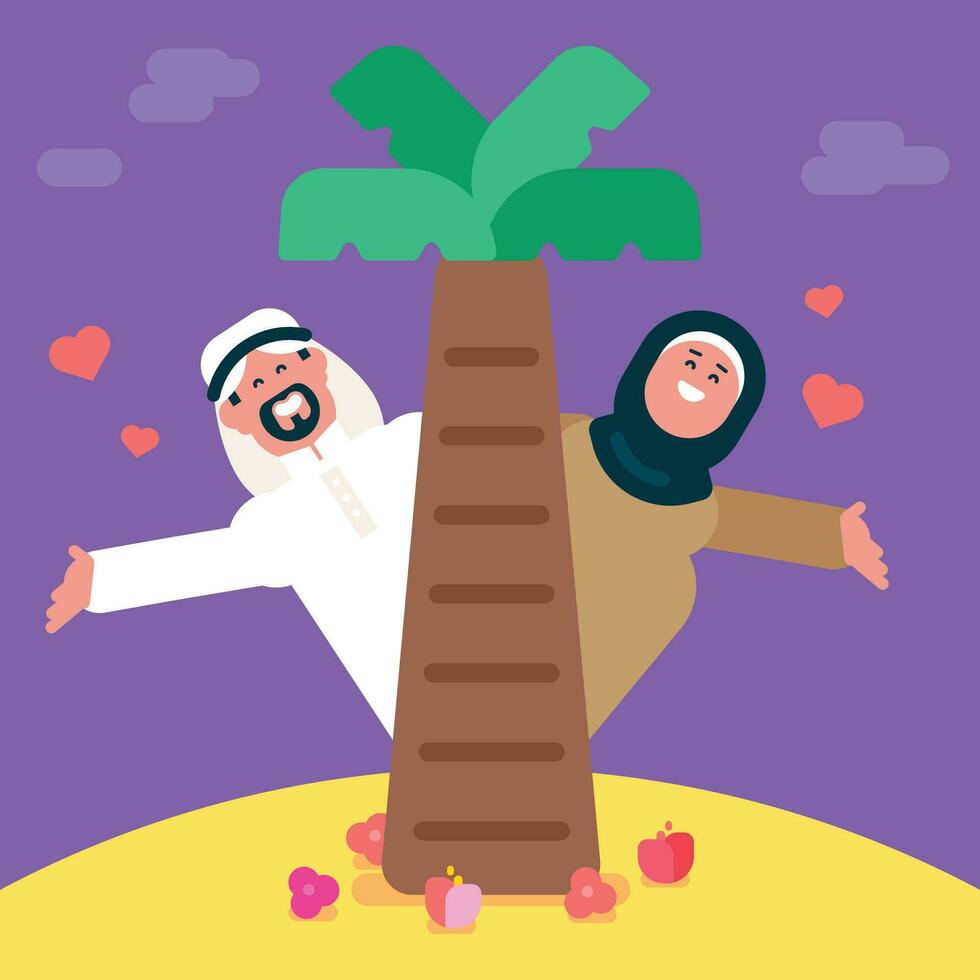 Arabisch Mens vallen in liefde met zijn vrouw, Arabisch Mens met kandora , islamitisch hoofd sjaal en vrouw met hijab in de omgeving van de palm en gevoel liefde, vlak avatar vector illustratie