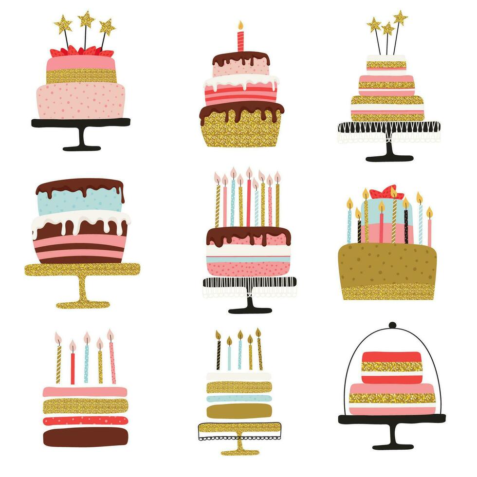 gelukkig verjaardag cakes verzameling. feestelijk zoet smakelijk toetje in een schattig gemakkelijk stijl. vector illustratie