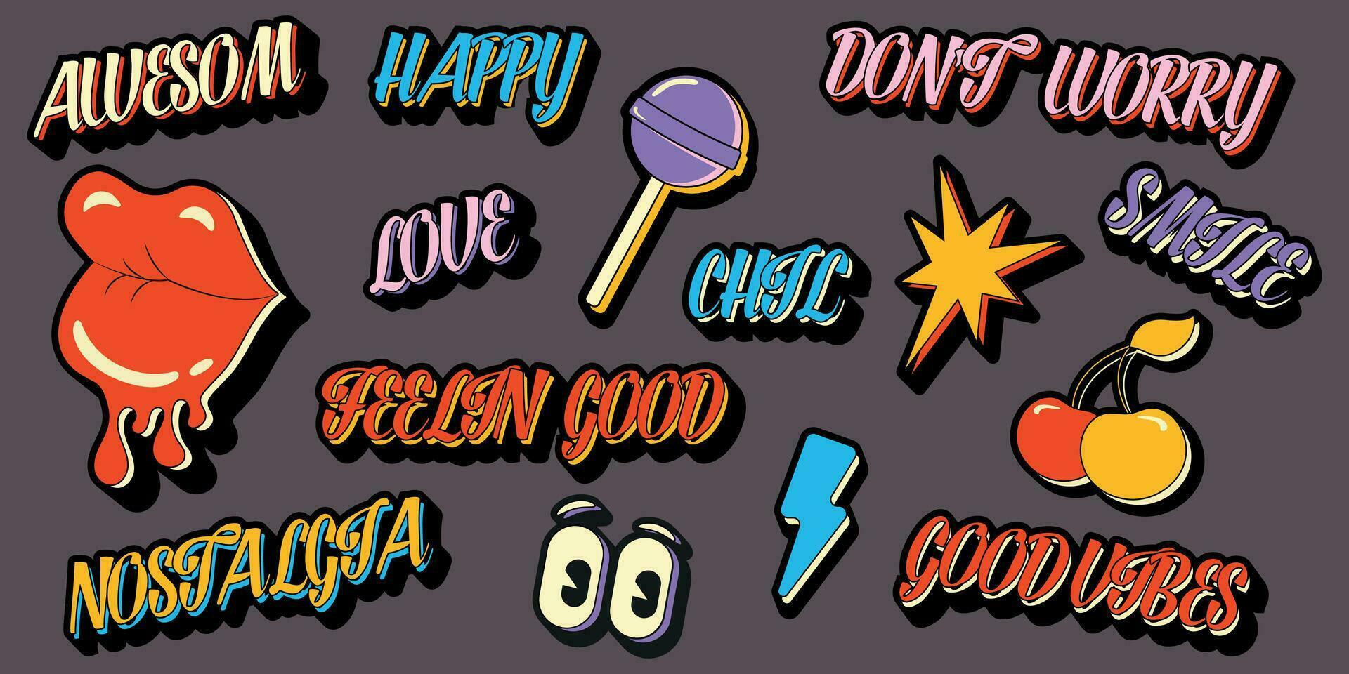 stickers met citaten en tekst in retro stijl. retro grafisch ontwerp van lippen, lolly, citaten voor stickers, afdrukken, affiches, kaarten, web ontwerp. vector illustratie.