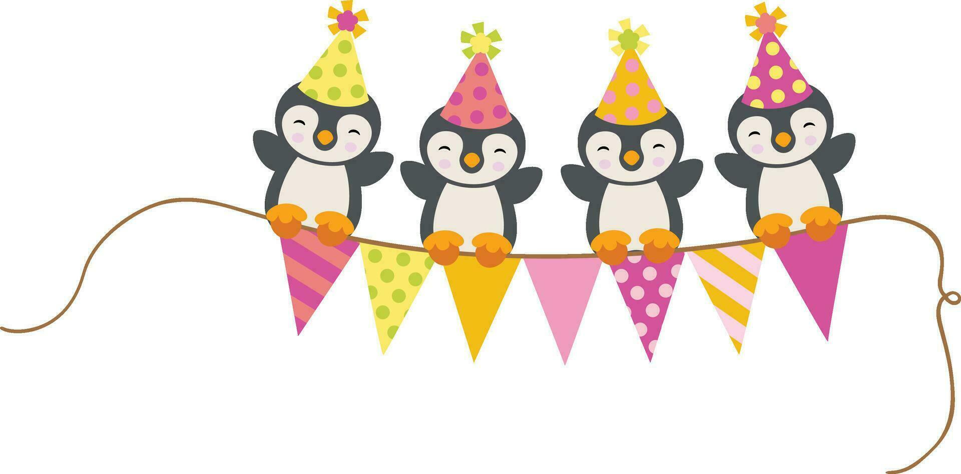 vier schattig pinguïns Aan top van partij vlag banier vector