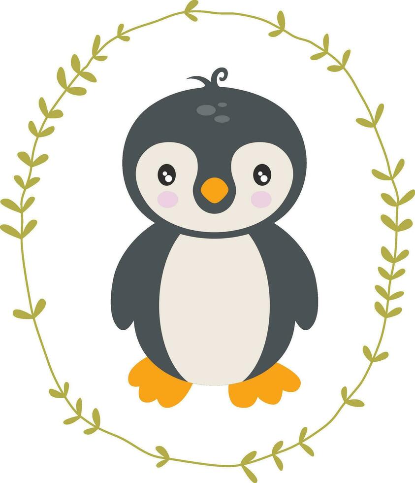 schattig pinguïn binnen een ovaal bladeren grens vector