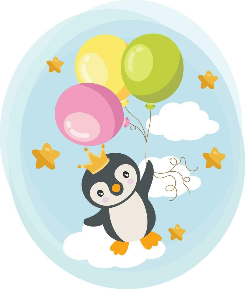 schattig pinguïn vliegend in de blauw lucht Holding ballonnen vector