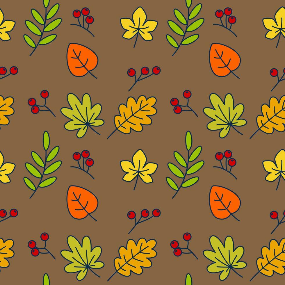 vallen bladeren en lijsterbes takken. vector naadloos patroon beeltenis herfst bladeren en lijsterbes takken, vastleggen de essence van de vallen seizoen in een levendig en boeiend ontwerp.
