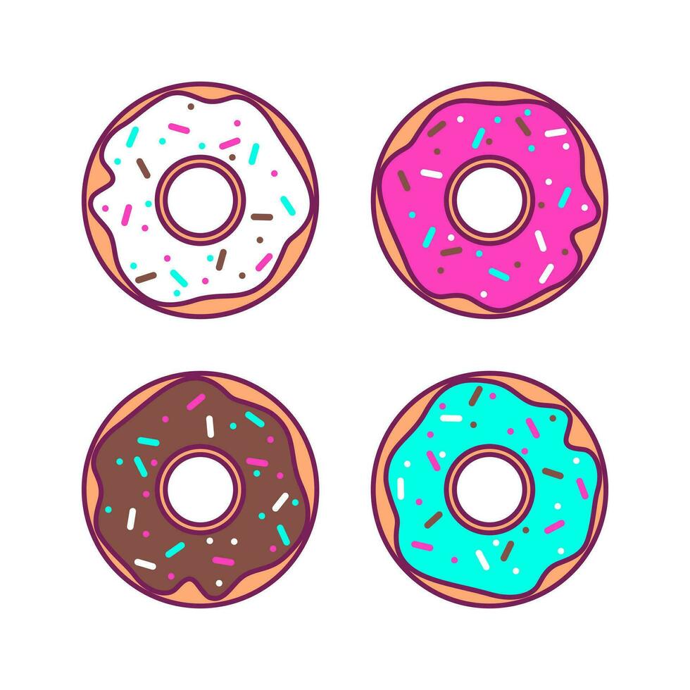 kleurrijk tekenfilm donut set. vector illustratie. levendig en verrukkelijk vector illustratie met een reeks van cartoon-stijl donuts in divers smaken en ontwerpen