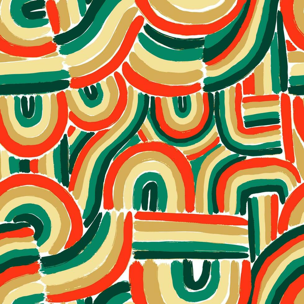 naadloos patroon met regenboog. kleurrijk strepen geschilderd met een borstel. abstract achtergrond met groente, beige en rood lijnen. jaren 70 stijl afdrukken vector