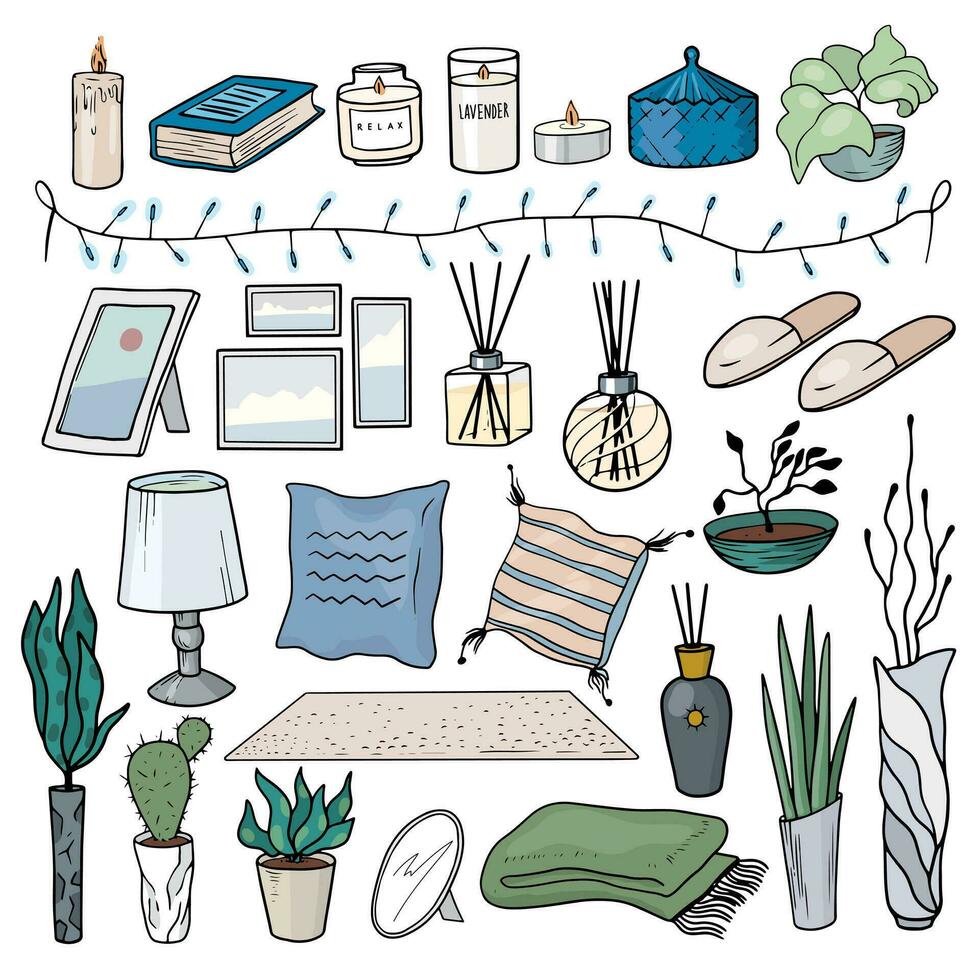 reeks van knus huis decor elementen. Scandinavisch hygge stijl. kussen, tapijt, riet verdeler, kaars, binnen- planten, plaid, slippers, afbeelding kader, lamp, boek. lineair verzameling van tekening vector