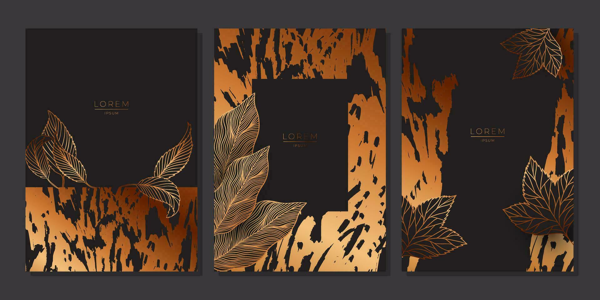 reeks van luxe sjabloon met bronzen kattebelletje structuur en herfst bladeren met aderen Aan zwart achtergrond. artistiek covers ontwerp, poster, banier vector