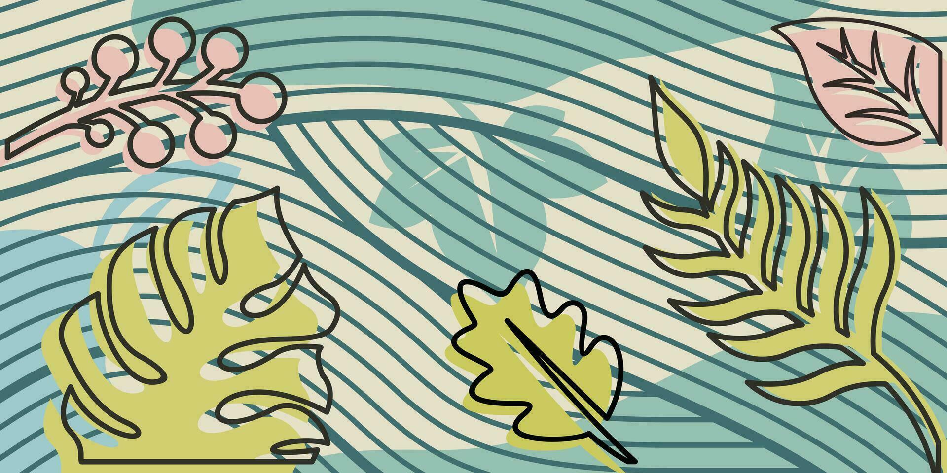 abstract tropisch bladeren achtergrond ontwerp met lijn kunst stijl en groen blad illustratie vector