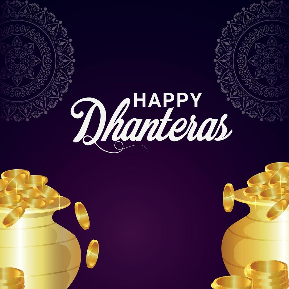 gelukkige dhanteras indian festival viering wenskaart met gouden munt pot op paarse achtergrond vector